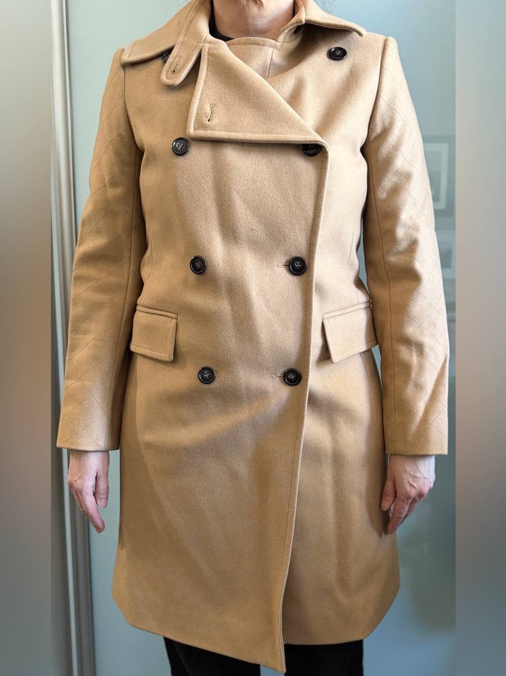 Club Monaco Double-Breasted Wool Tan Trench Coat